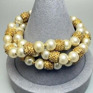 TRIFARI Vintage 3 Strand Bracelet 6.5" Cream Faux Pearl Gold Tone Spacers MCM
